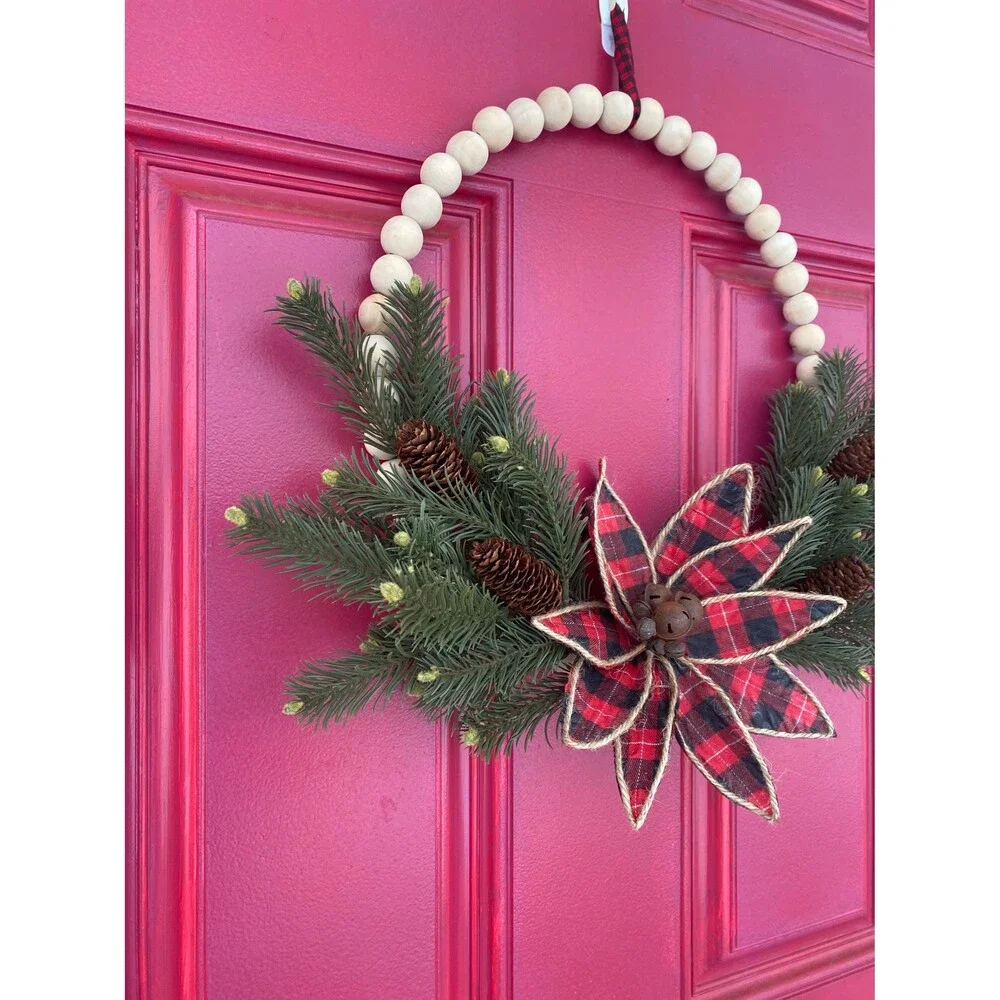 Plaid Christmas Beaded Wreath, Holiday Beaded Plaid Wreath, Bells, Pinecones